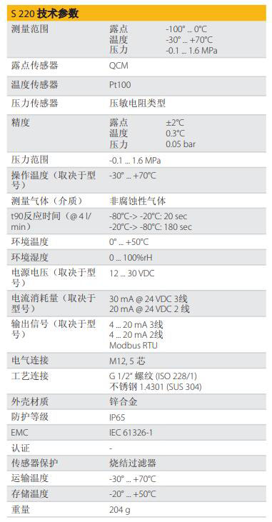 德国希尔思S 220露点传感器的参数